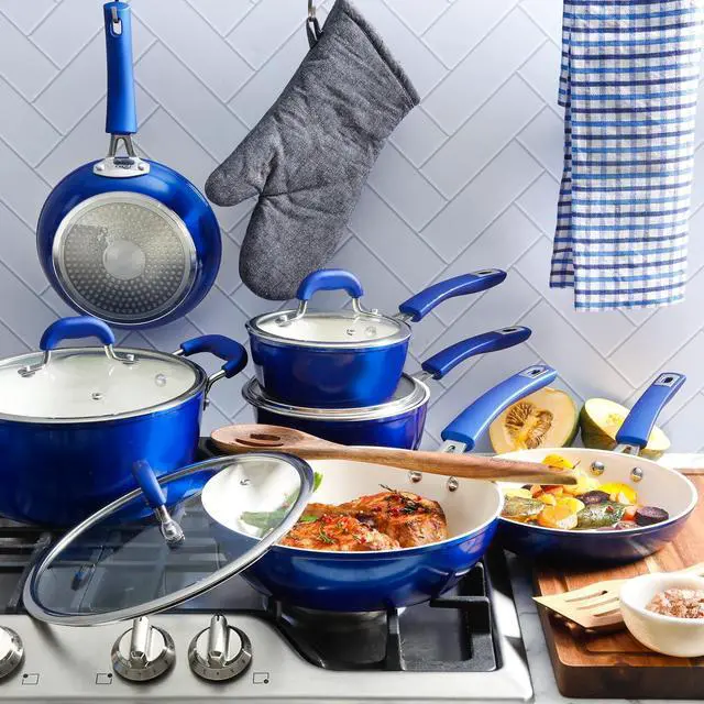 Alt view image 7 of 7 - Kenmore Arlington Nonstick Ceramic Coated Forged Aluminum Induction Cookware with Bakelite Handles, 12-Piece Set, Metallic Blue