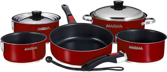 Main image of Magma 10 Piece Gourmet Nesting Stainless Steel Cookware Set with Ceramica Non-Stick, Induction Compatible, Oven Safe to 500°F - Suitable for All Stovetops, Removable Handles, Red