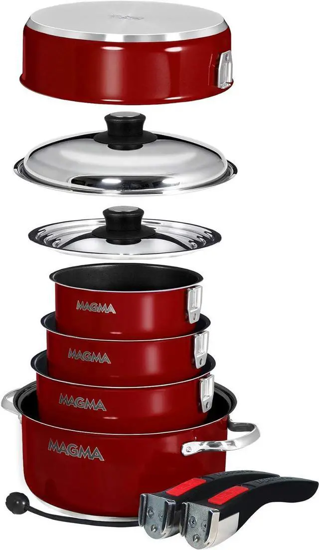 Alt view image 2 of 5 - Magma 10 Piece Gourmet Nesting Stainless Steel Cookware Set with Ceramica Non-Stick, Induction Compatible, Oven Safe to 500°F - Suitable for All Stovetops, Removable Handles, Red