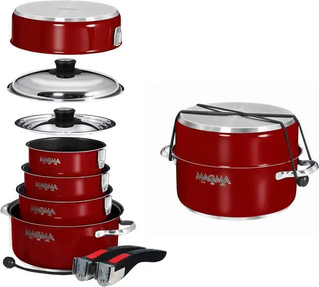 Alt view image 5 of 5 - Magma 10 Piece Gourmet Nesting Stainless Steel Cookware Set with Ceramica Non-Stick, Induction Compatible, Oven Safe to 500°F - Suitable for All Stovetops, Removable Handles, Red