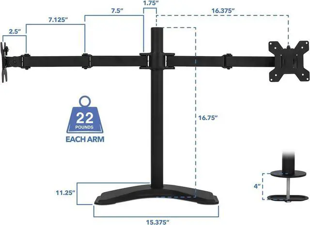 Alt view image 4 of 7 - Mount-It! Dual Monitor Stand for Desk - 2 Screen Mount for Two Computer Screens up to 32 Inch and 17 Lbs - Free-Standing Base Swivels, Tilt, Rotates 360 Adjustable Arms - VESA Compatible Sturdy Steel