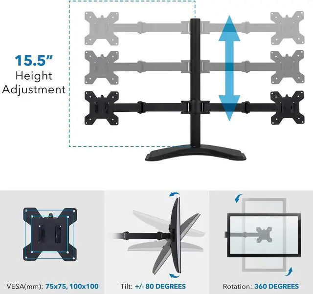 Alt view image 6 of 7 - Mount-It! Dual Monitor Stand for Desk - 2 Screen Mount for Two Computer Screens up to 32 Inch and 17 Lbs - Free-Standing Base Swivels, Tilt, Rotates 360 Adjustable Arms - VESA Compatible Sturdy Steel