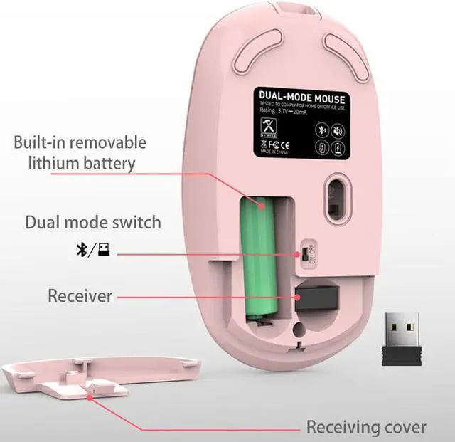 Alt view image 4 of 7 - Wireless Bluetooth Mute Mouse Ergonomic 2.4G 1600DPI Rechargeable Portable with USB Receiver for Laptop Desktop Tablet Pink