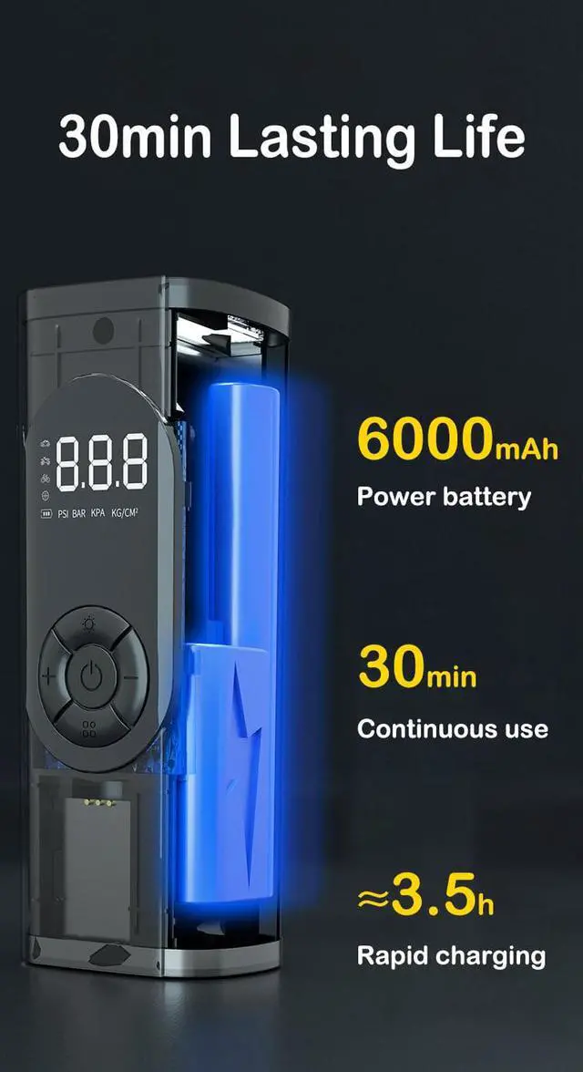 Alt view image 4 of 7 - 12V 150PSI Cordless Car Tire Pump USB Charged 6000mAh Battery Mini Digital Inflatable Pump Tire Inflator Portable Air Compressor Blue