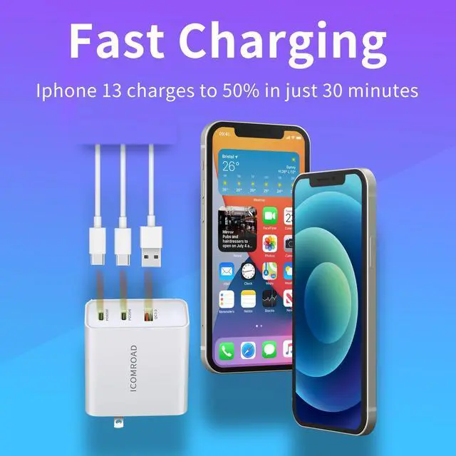 Alt view image 4 of 7 - Icomroad USB C Charger, GaN 65W QC PC 3-Port Compact Foldable Wall Fast Charger Travel for iPhone 15/15 pro/14/13/Pro, iPad, Samsung, MacBook Pro/Air, iPad Pro, Galaxy S20/S10