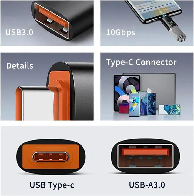 Alt view image 5 of 6 - USB C Male to USB 3.0 Female Adapter 2-Pack 6A 120W OTG Type C Charger Drive Converter for Mobile Tablet Computer Huawei Nova OPPO Reno Black