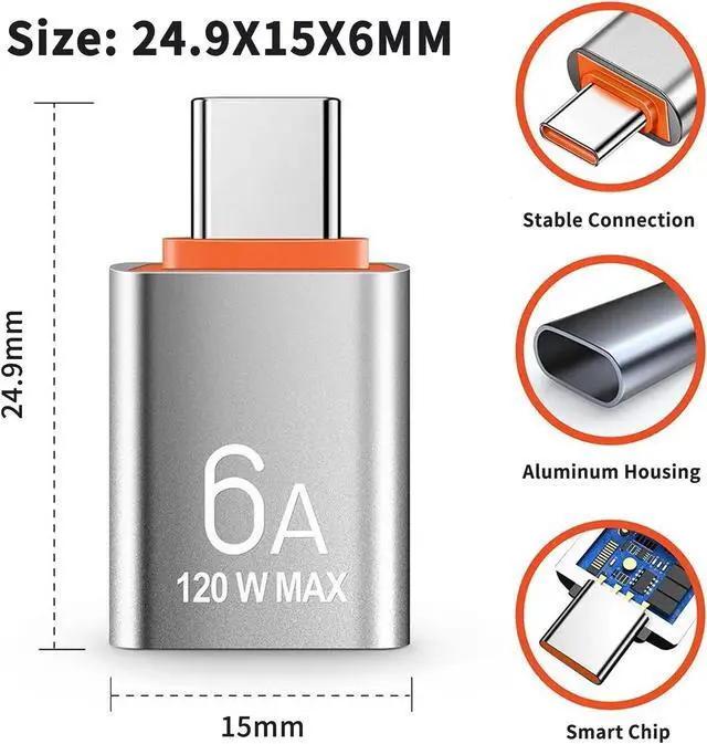 Alt view image 2 of 7 - USB C Male to USB 3.0 Female Adapter 2-Pack 6A 120W OTG Type C Charger Drive Converter for Mobile Tablet Computer Huawei Nova OPPO Reno Orange