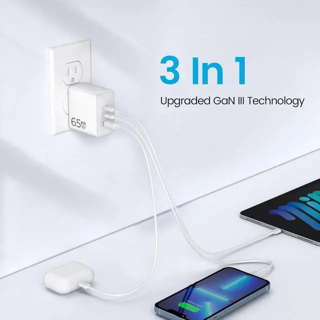 Alt view image 7 of 7 - Icomroad USB C Charger, GaN 65W QC PC 3-Port Compact Foldable Wall Fast Charger Travel for iPhone 15/15 pro/14/13/Pro, iPad, Samsung, MacBook Pro/Air, iPad Pro, Galaxy S20/S10