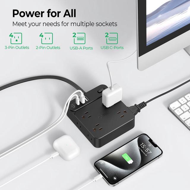 Alt view image 3 of 6 - Power Strip With USB, Extension Cord, 8 Outlets 2 USB Ports (2 USB C), Ultra Thin Flat Plug, Wall Mount, No Surge Protector Extension Cord Indoor, For Living Room/Bedroom Black 15 ft.