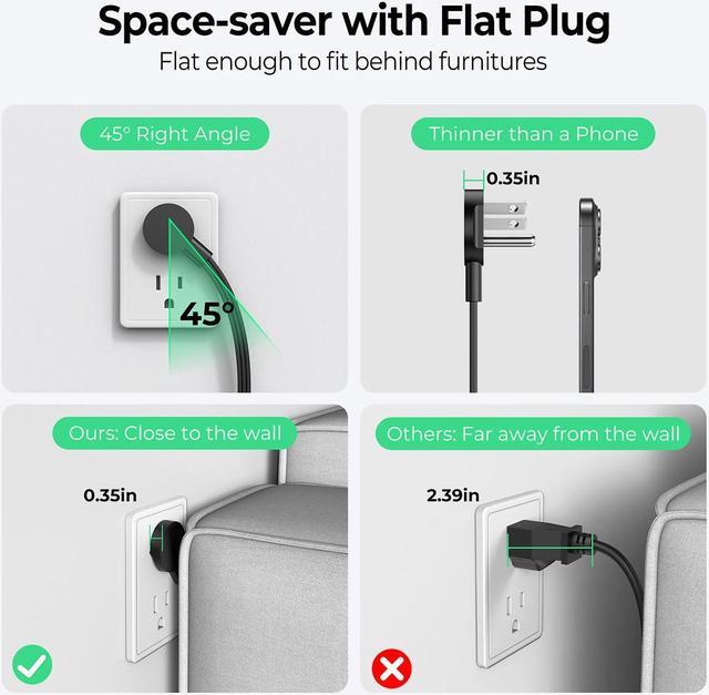 Alt view image 4 of 6 - Power Strip With USB, Extension Cord, 8 Outlets 2 USB Ports (2 USB C), Ultra Thin Flat Plug, Wall Mount, No Surge Protector Extension Cord Indoor, For Living Room/Bedroom Black 15 ft.