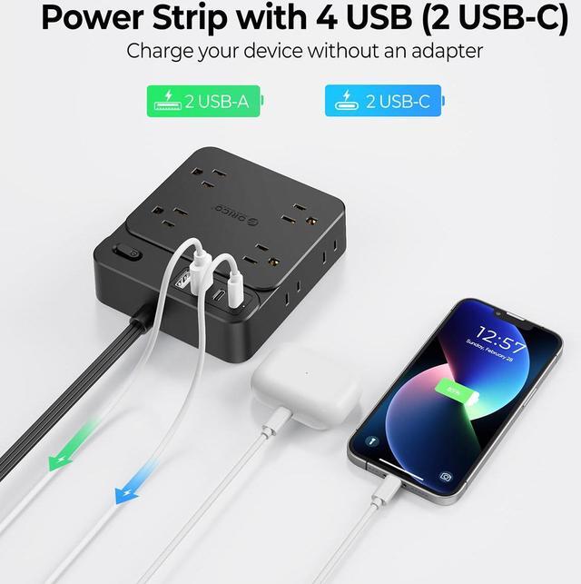 Alt view image 6 of 6 - Power Strip With USB, Extension Cord, 8 Outlets 2 USB Ports (2 USB C), Ultra Thin Flat Plug, Wall Mount, No Surge Protector Extension Cord Indoor, For Living Room/Bedroom Black 15 ft.