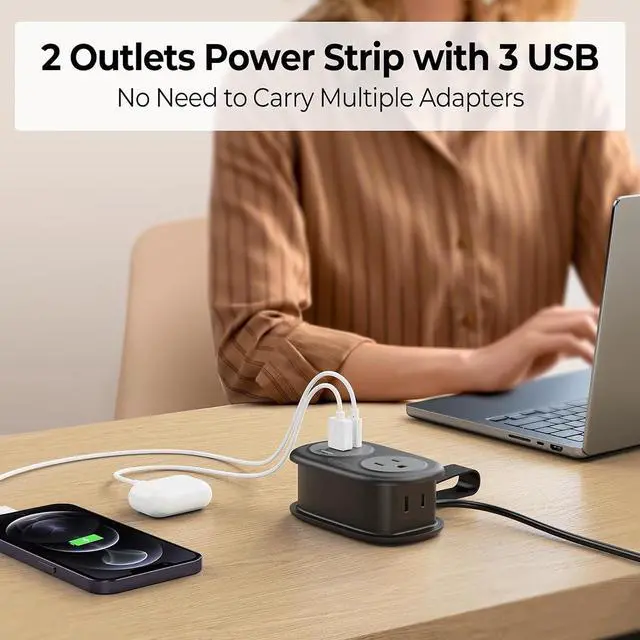 Alt view image 2 of 7 - Travel Power Strip, 3.7FT Small Extension Cord, Portable Power Strip Flat Plug with 2 AC Outlets 3 USB Ports (1 USB C), Multi Plug Extension Cord for Travel, Cruise, Office, Hotels