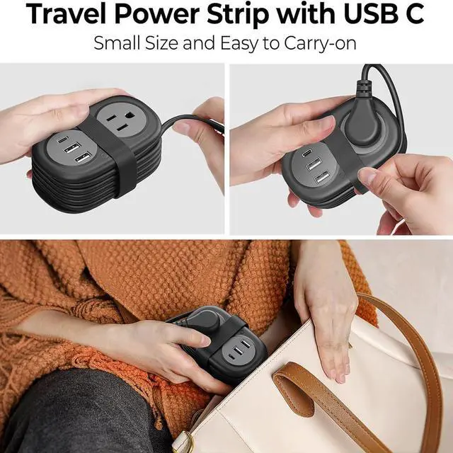 Alt view image 4 of 7 - Travel Power Strip, 3.7FT Small Extension Cord, Portable Power Strip Flat Plug with 2 AC Outlets 3 USB Ports (1 USB C), Multi Plug Extension Cord for Travel, Cruise, Office, Hotels