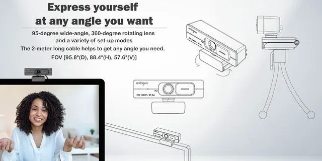 Alt view image 5 of 7 - Archgon  Webcam Full HD 1080P/60fps Streaming Low-Light Correction Wide-Angle Lens Webcam with Dual Omni-Directional Microphone, Privacy Cover and Tripod Compatible with Teams Skype and Zoom (C6206)