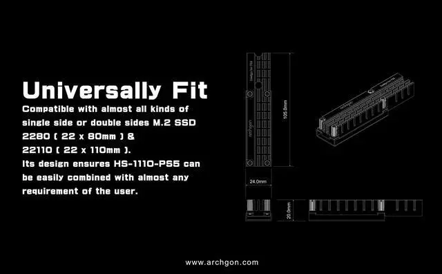 Alt view image 7 of 7 - Archgon PS5 Heatsink Cooler for PCIe NVMe M.2 2280/22110 SSD for PS5 Workstation Server Rugged Computer IPC Industrial Computer Gaming PC Use (Silver)(HS-1110-PS5)