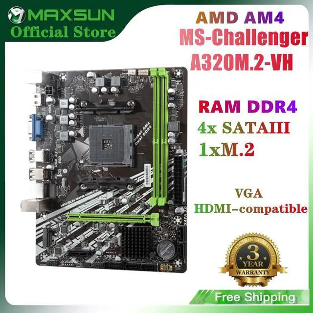 Alt view image 6 of 10 - MAXSUN Full Motherboard AM4 A320M.2-VH Challenger AMD ddr4 memory slots Rams PCI-E slot ssd VGA mainboard for desktop