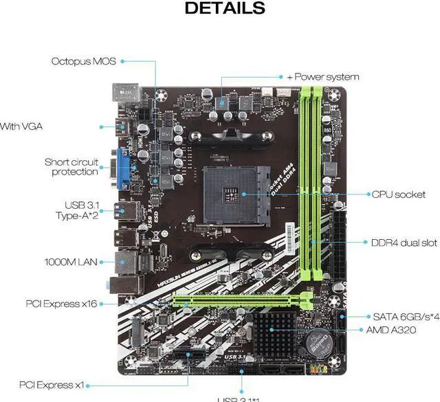 Alt view image 8 of 10 - MAXSUN Full Motherboard AM4 A320M.2-VH Challenger AMD ddr4 memory slots Rams PCI-E slot ssd VGA mainboard for desktop