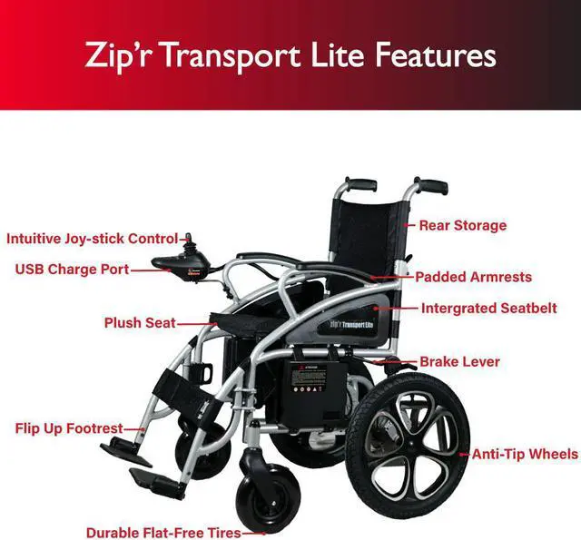 Alt view image 2 of 7 - Zipr Transport Lite Electric Wheelchair - Lightweight Folding Electric Wheelchair - Portable Electric Wheelchairs For Adults, Seniors, Elderly, Travel - Power Wheelchair Long Range Battery & USB Port