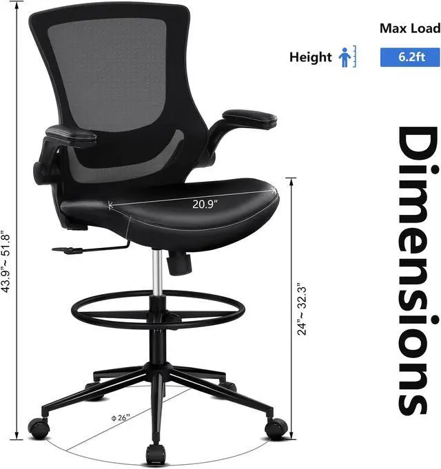 Alt view image 5 of 6 - Misolant Drafting Chair, Tall Office Chair for Standing Desk, Office Chair Ergonomic Desk Chair with Adjustable Lumbar Support and Footrest, Tall Adjustable Office Chair (Black)