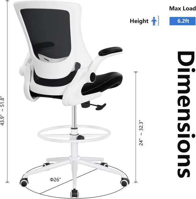 Alt view image 5 of 6 - Misolant Drafting Chair, Tall Office Chair for Standing Desk, Desk Chair Ergonomic Office Chair with Flip Up Arm, Height Adjustable Lumbar Support and Footrest, Mesh Office Chair (White)