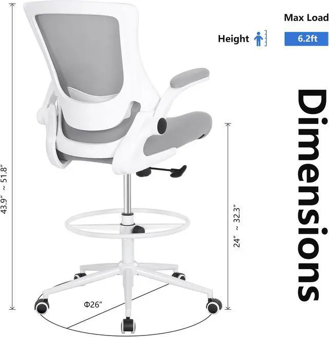 Alt view image 5 of 6 - Misolant Tall Office Chair, Drafting Chair for Standing Desk, Office Chair with Adjustable Lumbar Support, Flip-up Arm and Move Footrest, Ergonomic Desk Chair Home Office Chair (Gray)