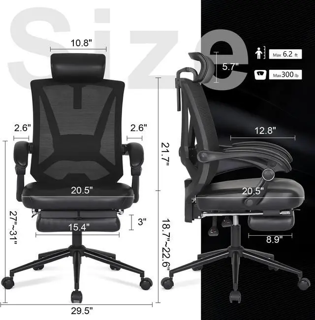 Alt view image 5 of 6 - Misolant Ergonomic Office Chair with Footrest, Ergonomic Desk Chair with Adjustable 2D Lumbar Support, High Back Office Chair with Adjustable Headrest, Comfortable Leather Office Chair -Black