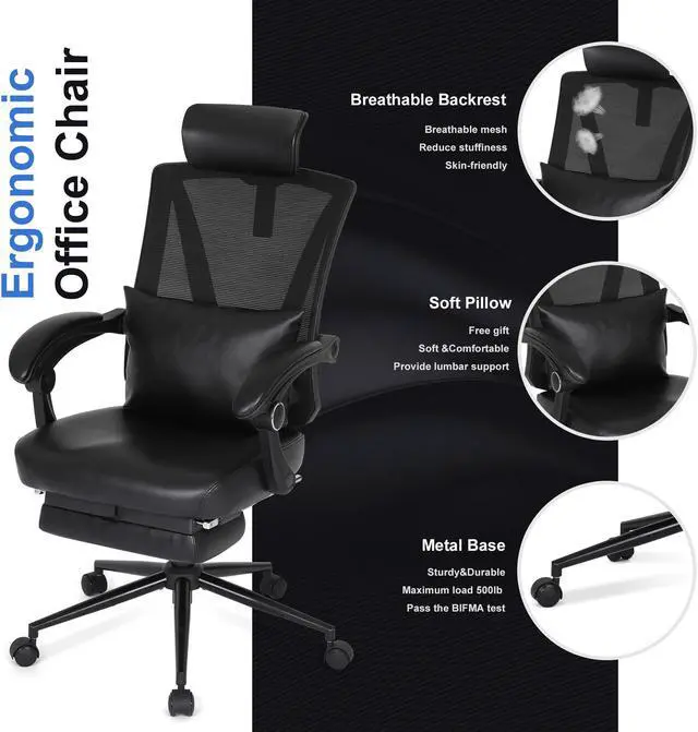 Alt view image 6 of 6 - Misolant Ergonomic Office Chair with Footrest, Ergonomic Desk Chair with Adjustable 2D Lumbar Support, High Back Office Chair with Adjustable Headrest, Comfortable Leather Office Chair -Black