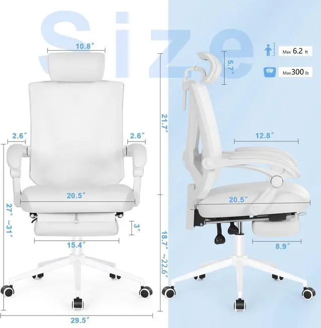 Alt view image 5 of 6 - Misolant Ergonomic Office Chair with Footrest, Ergonomic Desk Chair with Adjustable 2D Lumbar Support, High Back Office Chair with Adjustable Headrest, Comfortable Leather Office Chair