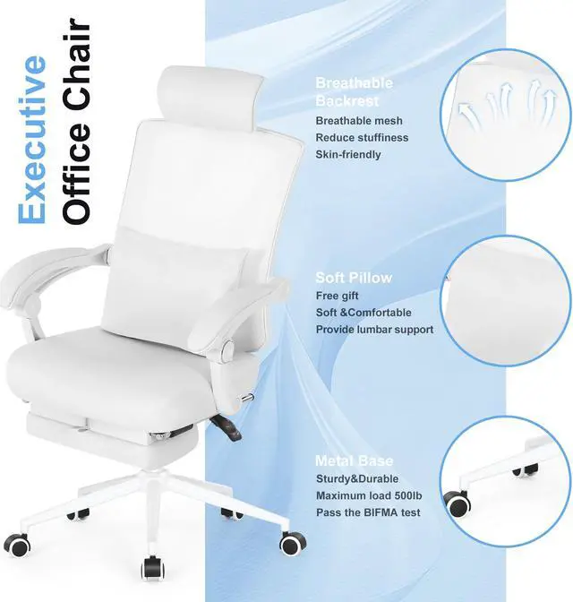 Alt view image 6 of 6 - Misolant Ergonomic Office Chair with Footrest, Ergonomic Desk Chair with Adjustable 2D Lumbar Support, High Back Office Chair with Adjustable Headrest, Comfortable Leather Office Chair