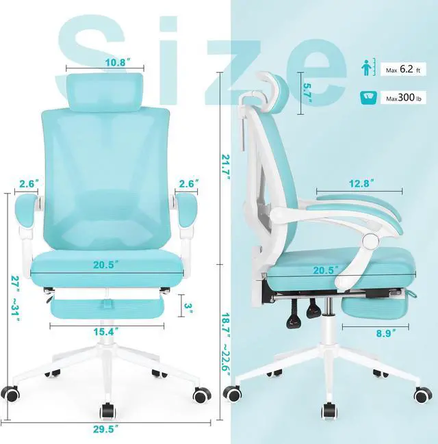 Alt view image 5 of 6 - Misolant Ergonomic Office Chair with Footrest, Ergonomic Desk Chair with Adjustable 2D Lumbar Support, High Back Office Chair with Adjustable Headrest, Comfortable Executive Office Chair -Blue