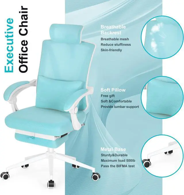Alt view image 6 of 6 - Misolant Ergonomic Office Chair with Footrest, Ergonomic Desk Chair with Adjustable 2D Lumbar Support, High Back Office Chair with Adjustable Headrest, Comfortable Executive Office Chair -Blue