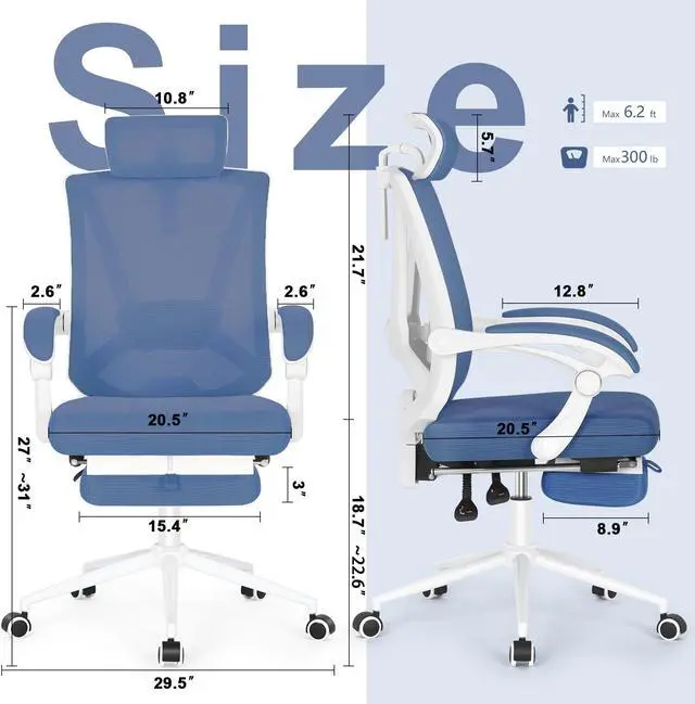 Alt view image 3 of 5 - Misolant Ergonomic Office Chair with Footrest, Ergonomic Desk Chair with Adjustable 2D Lumbar Support, High Back Office Chair with Adjustable Headrest, Comfortable Executive Office Chair Navy Blue