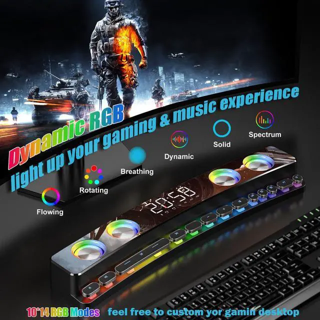 Alt view image 3 of 7 - Computer Speakers, Desktop Dynamic RGB PC Gaming Speaker Sound Bar with Wireless Bluetooth 5.0,Soundbar, 19-Inch Soundbars for TV, USB Powered Battery Operated for PC Laptop Tablet, AUX-in