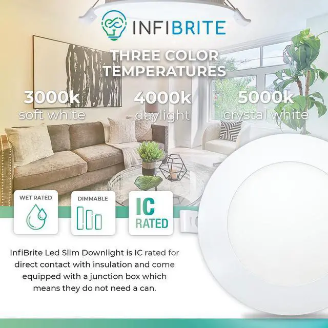 Alt view image 2 of 7 - Infibrite 4 Inch 3CCT Selectable 9W 750LM Thin LED Ceiling Light Kit, Dimmable, Wet Rated (6 Pack)
