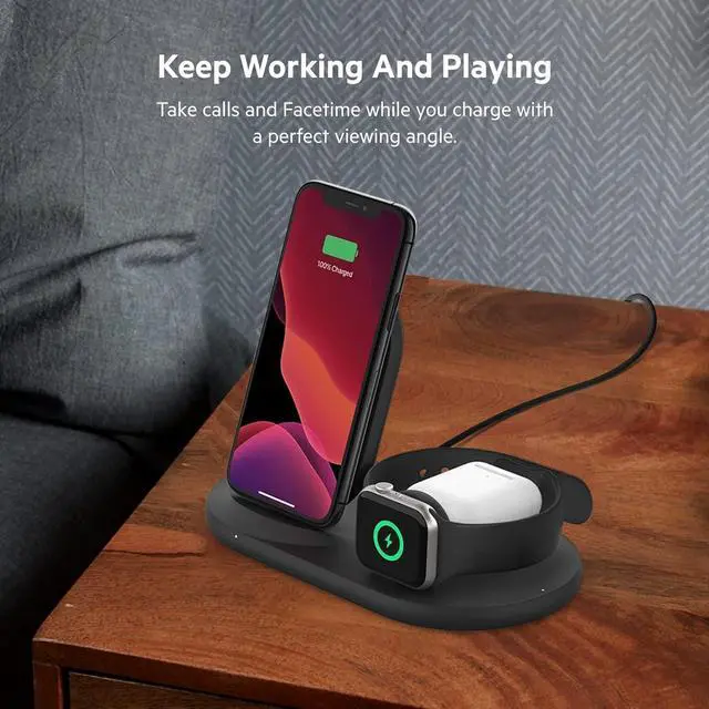 Alt view image 4 of 5 - belkin 3-in-1 wireless charger (wireless charging station for iphone, apple watch, airpods) wireless charging dock, iphone charging dock, apple watch charging stand