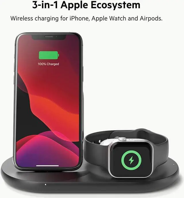 Alt view image 2 of 5 - belkin 3-in-1 wireless charger (wireless charging station for iphone, apple watch, airpods) wireless charging dock, iphone charging dock, apple watch charging stand