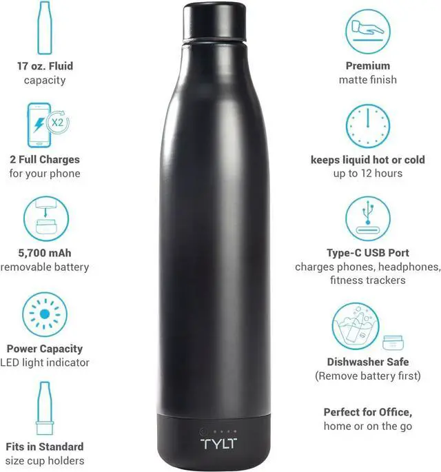 Alt view image 2 of 13 - Tylt All-in-One Water Bottle And Portable Power Bank Connect And Charge +Drink And Recharge Black