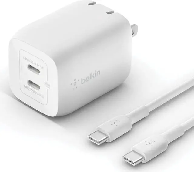 Alt view image 2 of 5 - BELKIN WCH013dq2MWH-B6 White Dual USB-C GaN Wall Charger with PPS 65W + USB-C to USB-C Cable