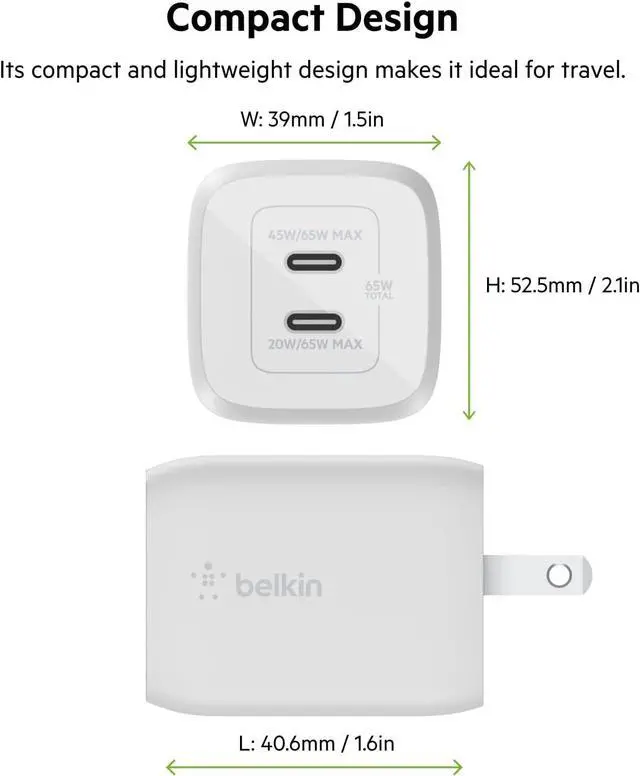 Alt view image 3 of 5 - BELKIN WCH013dq2MWH-B6 White Dual USB-C GaN Wall Charger with PPS 65W + USB-C to USB-C Cable