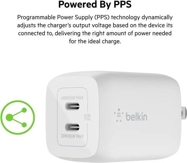 Alt view image 4 of 5 - BELKIN WCH013dq2MWH-B6 White Dual USB-C GaN Wall Charger with PPS 65W + USB-C to USB-C Cable