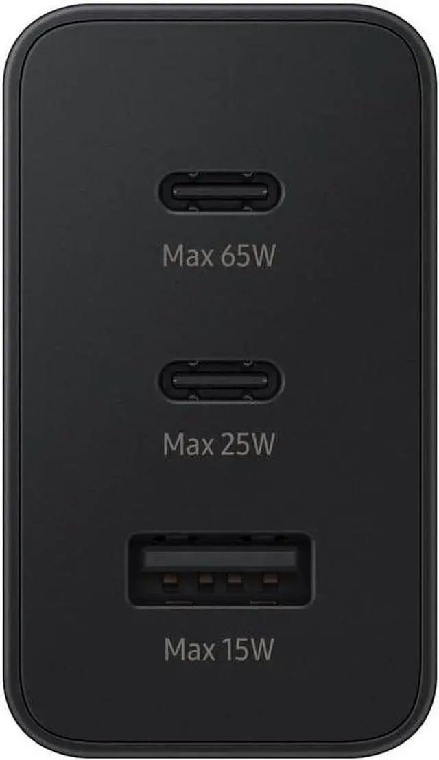 Main image of samsung 65w 3-port super fast charging wall charger, 1x usb-c 65w, 1x usb-c 25w, 1x usb-a 25w, max capacity 65w (cable not included), black, us version