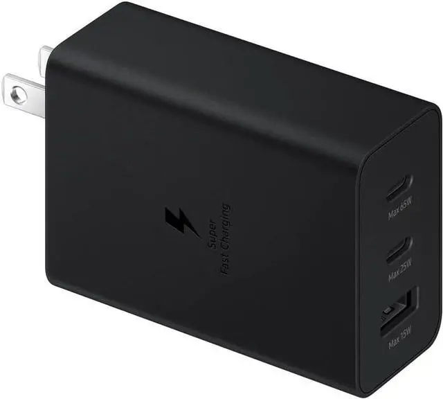 Alt view image 4 of 6 - samsung 65w 3-port super fast charging wall charger, 1x usb-c 65w, 1x usb-c 25w, 1x usb-a 25w, max capacity 65w (cable not included), black, us version