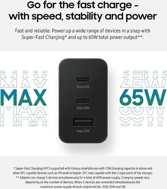 Alt view image 2 of 6 - samsung 65w 3-port super fast charging wall charger, 1x usb-c 65w, 1x usb-c 25w, 1x usb-a 25w, max capacity 65w (cable not included), black, us version