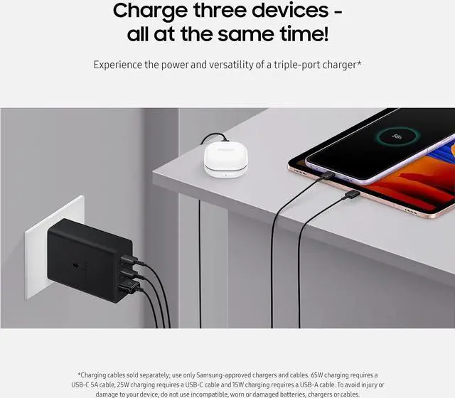 Alt view image 6 of 6 - samsung 65w 3-port super fast charging wall charger, 1x usb-c 65w, 1x usb-c 25w, 1x usb-a 25w, max capacity 65w (cable not included), black, us version
