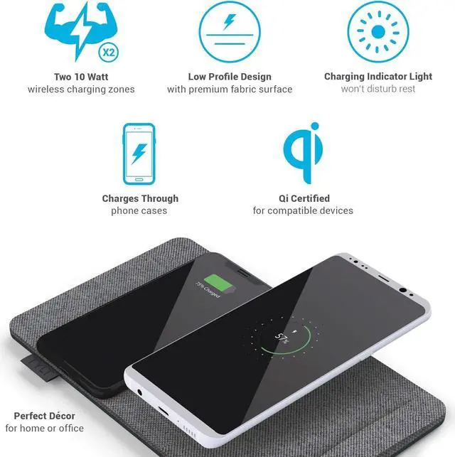 Alt view image 2 of 5 - Tylt Mat Wireless Charging Mat | Fastest Dual Wireless Charger | Premium Fabric Slim Design - Color: Gray