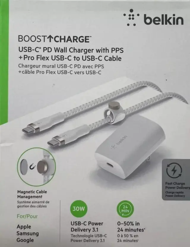 Main image of Belkin Boost Charge USB-C PD Wall Charger With PPS + Pro Flex USB-C To USB-C Cable Magnetic Cable Management- Color: White