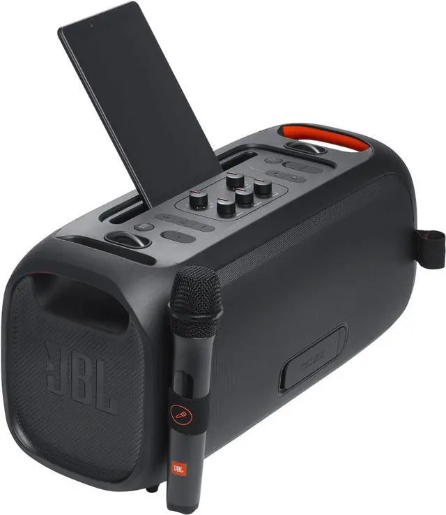 Alt view image 3 of 18 - JBL PartyBox On-The-Go Essential - Portable party speaker with built-in lights and wireless mic, Amazing Pro Sound, IPX4 splashproof protection, 6 hours of playtime, Convenient shoulder strap