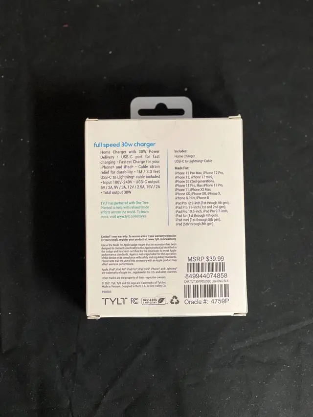 Alt view image 2 of 2 - Tylt 30W USB-C Power Delivery Charger with Lightning Cable
