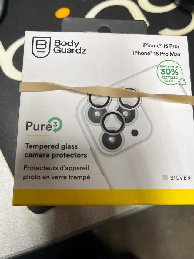 Main image of BodyGuardz Metallic Silver Pure 3 Tempered Glass Camera Protector - iPhone 15 Pro/15 Pro Max