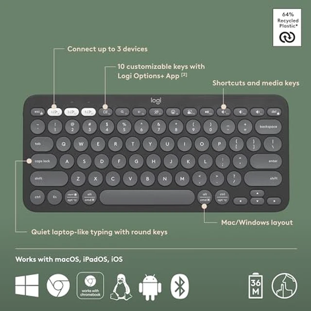 Alt view image 3 of 3 - Logitech Pebble Keys 2 K380s Wireless Bluetooth Keyboard - Tonal Graphite